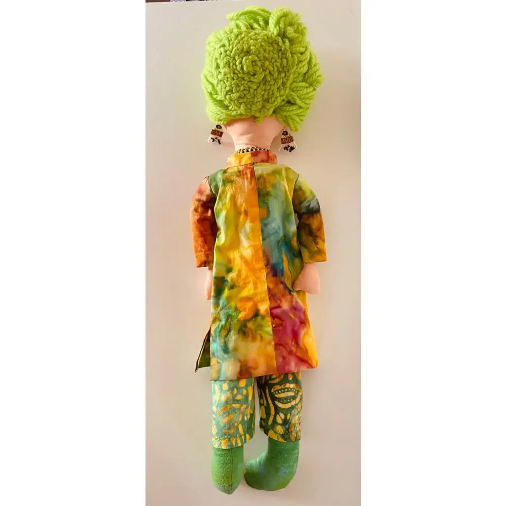 Handmade Boho Folk Art Indian Green Yin Yang Embroidered Yarn Hair Cloth Doll